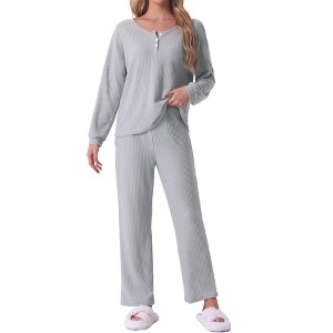 cheibear Women's Waffle Knit Lounge Longsleeve Pajama Set 2 Pcs - 1 of 4