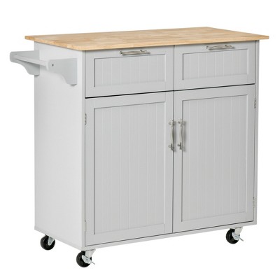 HOMCOM 41" Modern Rolling Kitchen Island on Wheels, Utility Cart Storage Trolley with Rubberwood Top & Drawers