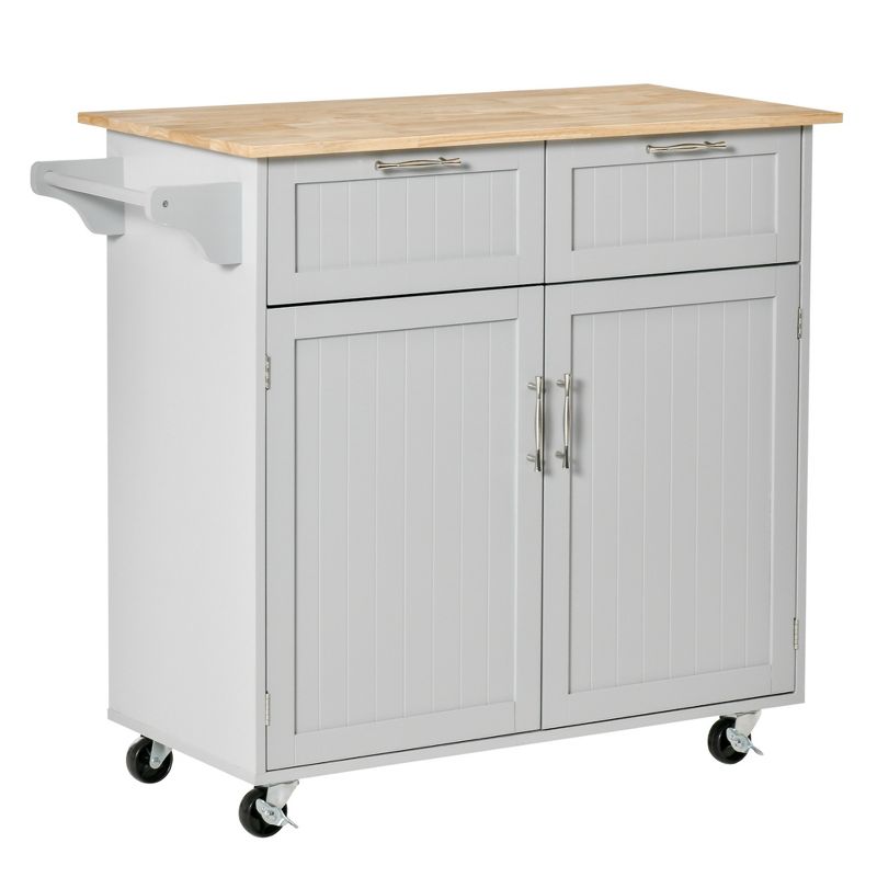 HOMCOM 41" Modern Rolling Kitchen Island on Wheels, Utility Cart Storage Trolley with Rubberwood Top & Drawers, 1 of 7