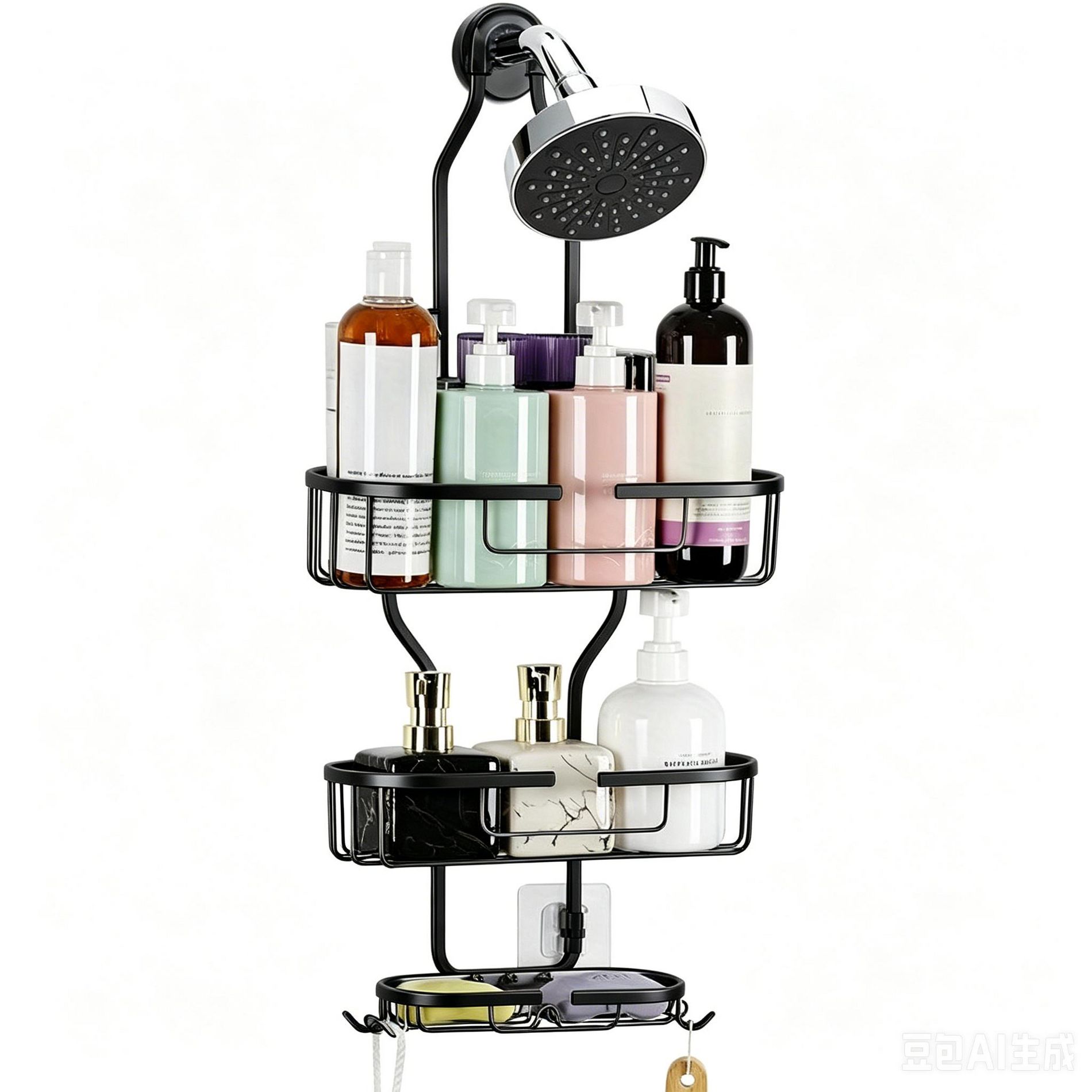 3-Tier Black Hanging Shower Head Caddy, No-Drill Rustproof Aluminum Bathroom Organizer with Soap Holder & Hooks