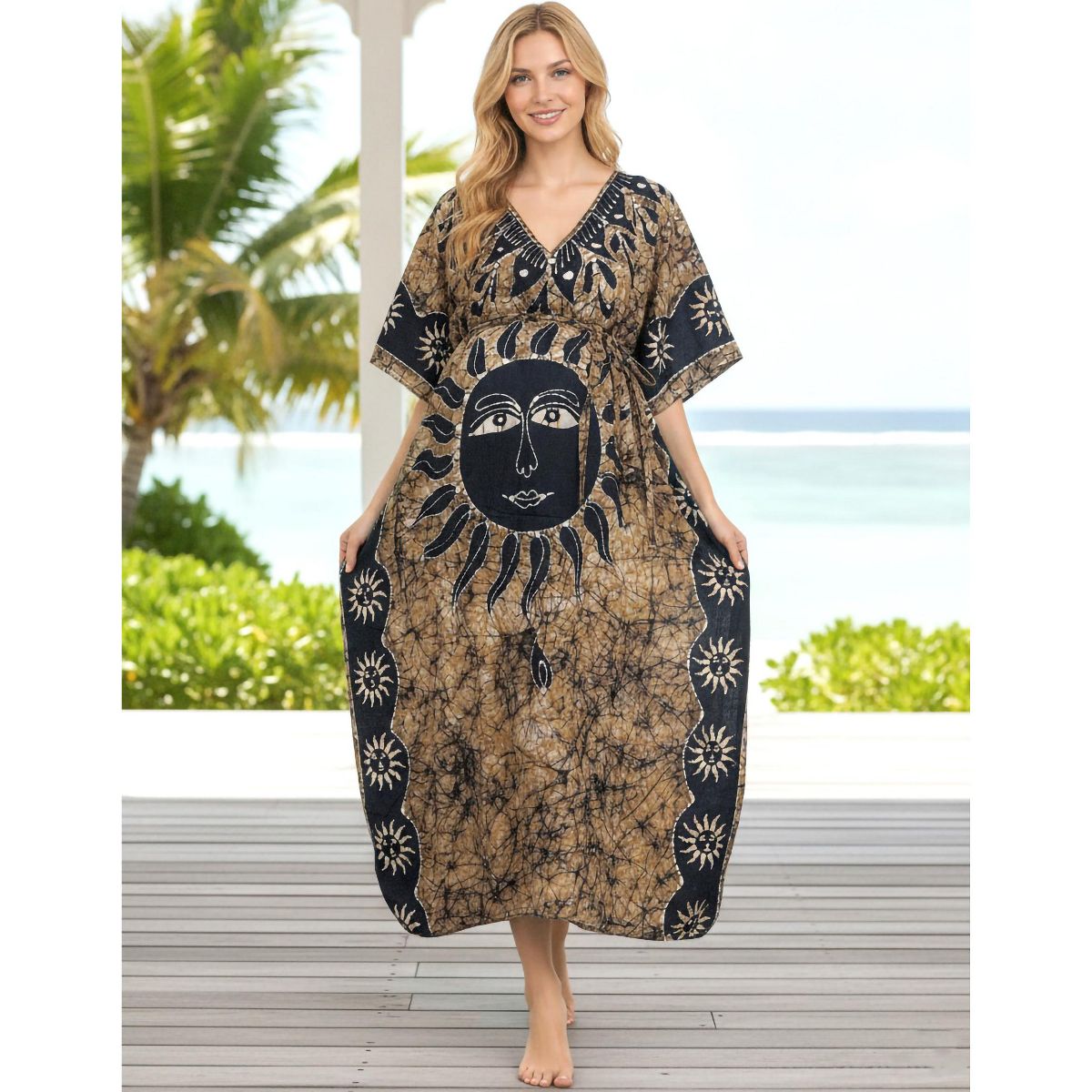 LA LEELA Summer Cotton Caftan Maxi Dress for Women Resortwear Vacation Cruise Holiday Loungewear Pregnancy Wear Beach Outfit 2X-3X Brown Sun - thumbnail 5