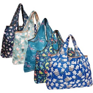 Wrapables Large Foldable Tote Nylon Reusable Grocery Bags, 5 Pack - 1 of 4