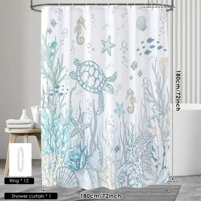 LunaLulinlk Blue Turtle Bathroom Curtain with 12 Hooks, 72" x 72"