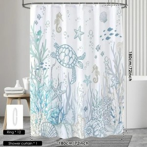 LunaLulinlk Blue Turtle Bathroom Curtain with 12 Hooks, 72" x 72" - 1 of 4