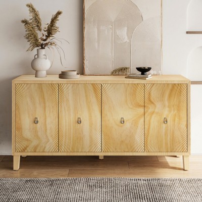 SKRAN Vintage 4 Door Storage Cabinet,Carved Scatter Pattern Dining Sideboard,Buffet with Adjustable Shelves,Multifunctional Accent Cabinet (Natural)