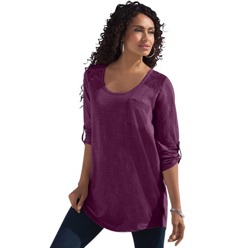 Roaman's Women's Plus Size Cotton Slub Lace Tunic, S - Dark Berry : Target