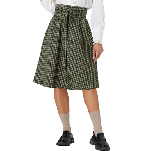 Allegra K Women s Halloween Plaid Vintage High Waist Double Belted A line Midi Skirt Green Small Target