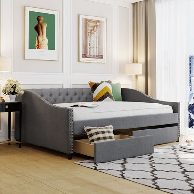 NicBex Twin Size Daybed Modern Linen Fabric Wooden Bed Frame with 2 Storage Drawers for Bedroom, Living Room, No Box Spring Required
