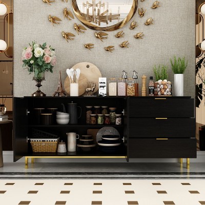 FUFU&GAGA Black Large Storage Cabinet 3 Drawer Cabinet Buffet Sideboard
