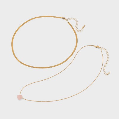 Semi Precious Rose Quartz Necklace Set 2pc - Universal Thread Gold: Lobster Claw Clasp, Recycled Brass, 18" Length - image 2