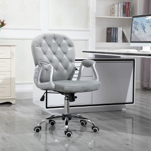 Velvet Home Office Chair, Button Tufted Desk Chair with Padded Armrests, Adjustable Height and Swivel Wheels, Gray - 1 of 4