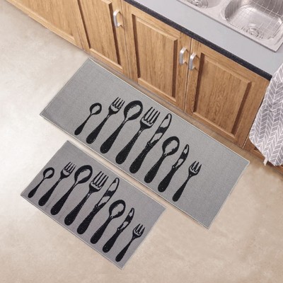 Evideco French Home Goods Chic Cutlery Print Wool-Effect Kitchen Mats – Non-Slip, Washable, Available in Two Sizes