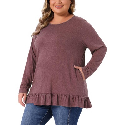 Women's Plus Size Ruffled Hem Crew Neck Long Sleeve Flowy Casual Tunic Tops with Pockets - Agnes Orinda
