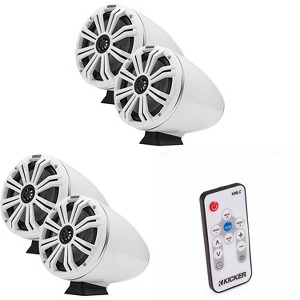 Kicker (2 Pair )KMFC8W 8" Flat Mount Loaded Marine Wake Towers with 46KM84L Speakers - White Grills And Enclosures ( Includes LED Remote ) - 1 of 4