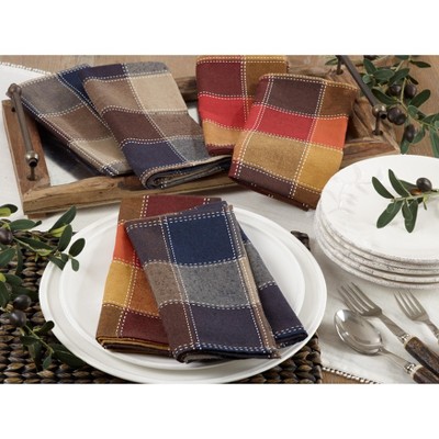 Brown and Blue Stitched Plaid Cotton Blend Table Napkins, Set of 4