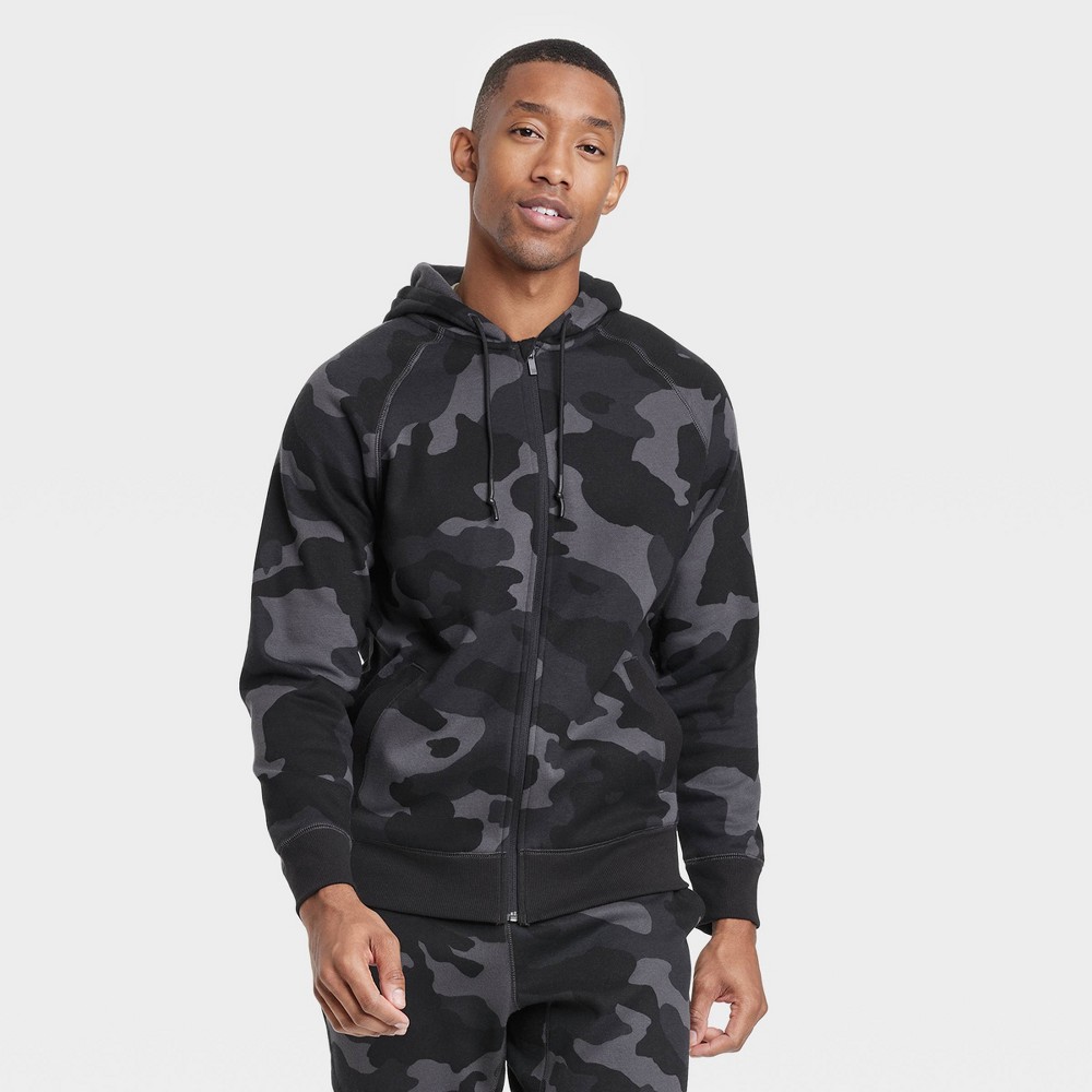 Men's Cotton Fleece Full Zip Sweatshirt - All in Motion Black Camo Print XXL