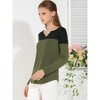 Allegra K Women's Casual Color Block Stretch Long Sleeves Split V-Neck T-Shirt - 4 of 4
