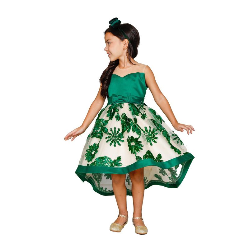Girls Sheer Collar Green Embroidered Hi-Lo Dress - Mia Belle Girls, 1 of 8