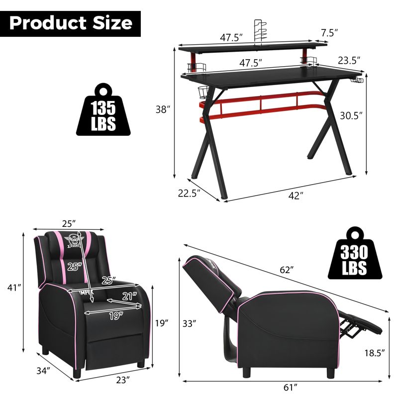 Costway Gaming Desk & Chair Set 48'' Computer Desk & Massage Recliner Chair Black + White/Blue/Pink/Red, 3 of 11