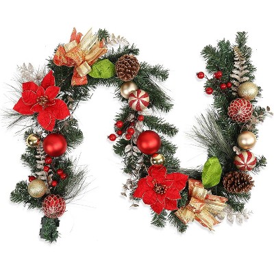 6 Ft Pre-Lit Christmas Garland, Battery Operated Xmas Garland with 20 Lights, Ball Ornaments Ribbons Bows for Mantle Table Centerpiece Home Decor
