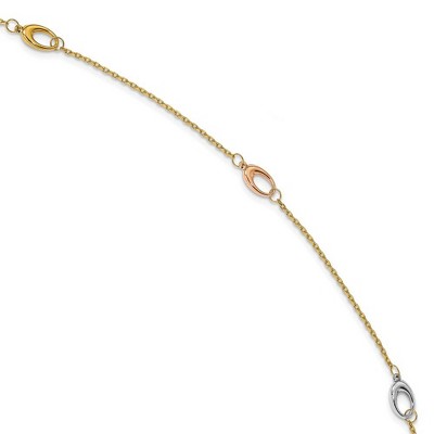 Black Bow Jewelry 14k Tri-Color Gold Cable Chain And Oval Station Anklet, 9.5-10.5 Inch
