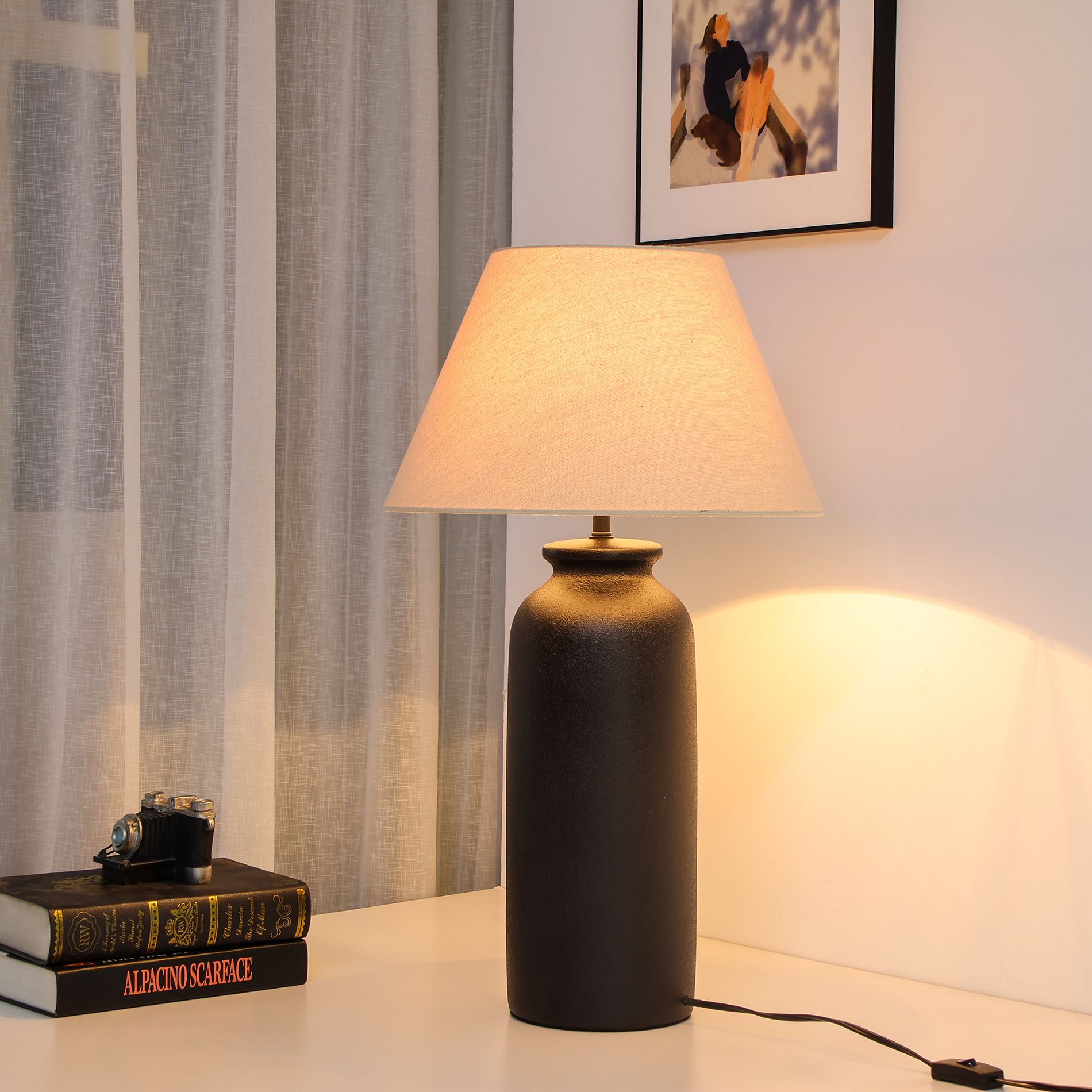 27" Modern Black Ceramic Table Lamp with Tapered Natural Linen Shade, Textured Vase Shape for Bedroom, Living Room, Office, Hotel, or Entryway