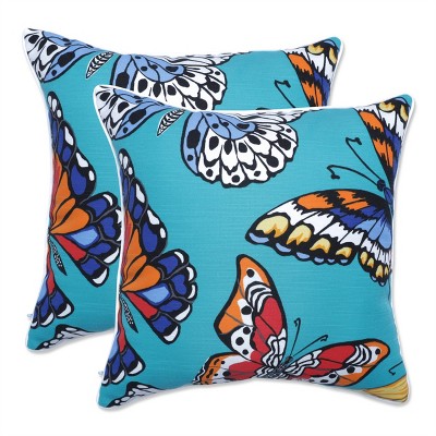 Pillow Perfect Set of 2 18.5" x 18.5" Butterfly Garden Outdoor/Indoor Throw Pillows Turquoise