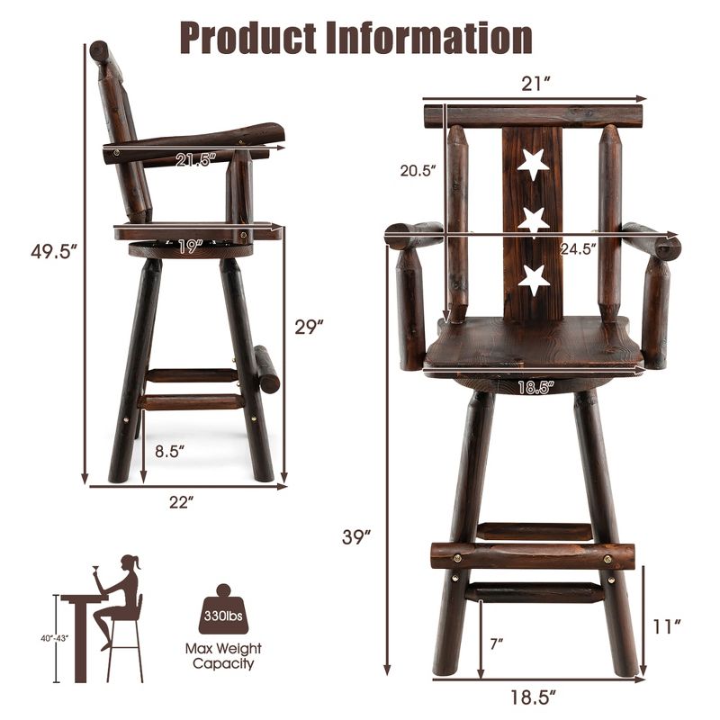 Costway Wooden Bar Stool Swivel Bar Height Kitchen Patio Chair with Back & Armrest Brown, 4 of 11
