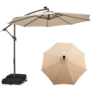 Costway Patio 10FT Hanging Offset Umbrella 32 LED Lights Sand Bag Outdoor Cross Base Beige/Turquoise/Dark Gray/Wine/Coffee/Navy - 1 of 4