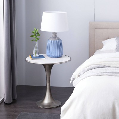 Sleek 30" Round Silver Metal and Marble Accent Table