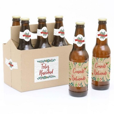 Big Dot of Happiness Feliz Navidad - Holiday and Spanish Christmas Party Decorations for Women and Men - 6 Beer Bottle Label Stickers and 1 Carrier