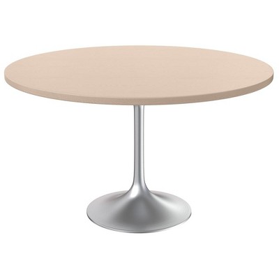 LeisureMod Verve Mid-Century Modern 48" Round Table with MDF Top and Brushed Chrome Pedestal Base for Dining Room and Kitchen