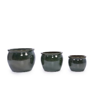 ORRD Set of 3 Antique Blue Green Ceramic Planters, Modern Indoor Outdoor Flower Pots with Drainage Holes for Patio Garden Decor - 1 of 4