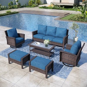 Captiva Designs 6pc Oversized Patio Outdoor Wicker Furniture Conversation Sofa Set with Coffee Table and Ottoman for Garden Yard Porch - 1 of 4