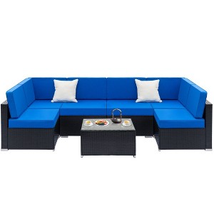 Black Wicker Outdoor Sectional Set with Dark Blue Cushions - 1 of 4