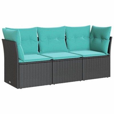 vidaXL Patio Sofa Set with Cushions - Outdoor Garden Lounge Furniture 3 Piece Set - PE Rattan, Black, Blue