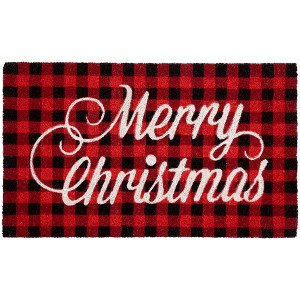 Northlight Red and Black Plaid "Merry Christmas" Natural Coir Christmas Outdoor Doormat 18" x 30" - 1 of 4