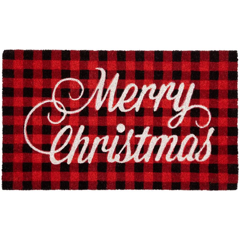 Northlight Red and Black Plaid "Merry Christmas" Natural Coir Christmas Outdoor Doormat 18" x 30", 1 of 7