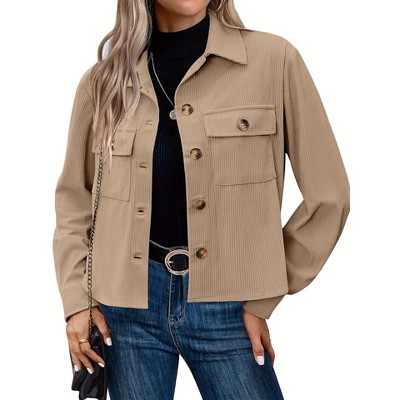 Womens Jackets Casual Cropped Corduroy Lapel Button Front Long Sleeve Jacket with Pockets