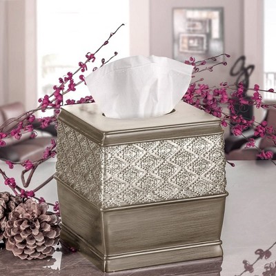 Brushed Silver Square Tissue Box Cover with Diamond Pattern