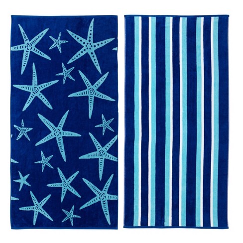 Cotton Jacquard Theme Printed Beach Towel 2 Pack - Great Bay Home (Star  Fish & Stripes)