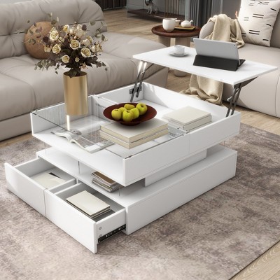 NicBex Modern Lift-Top Square Coffee Table with Storage Drawers & Glass Top & High-Gloss Finish,Functional Center Table for Living Room,Bedroom