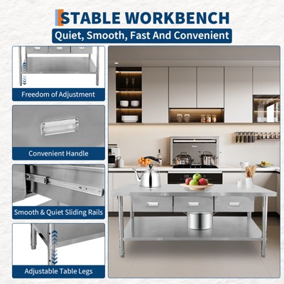 Stainless Steel Table with 3 Drawers,Heavy-Duty Food Worktable with Adjustable Undershelf & Paper Towel Holder for Commercial Kitchen Restaurant