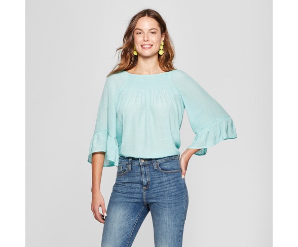 Women's 3/4 Sleeve Smocked Neck Blouse - Spenser Jeremy - Blue S