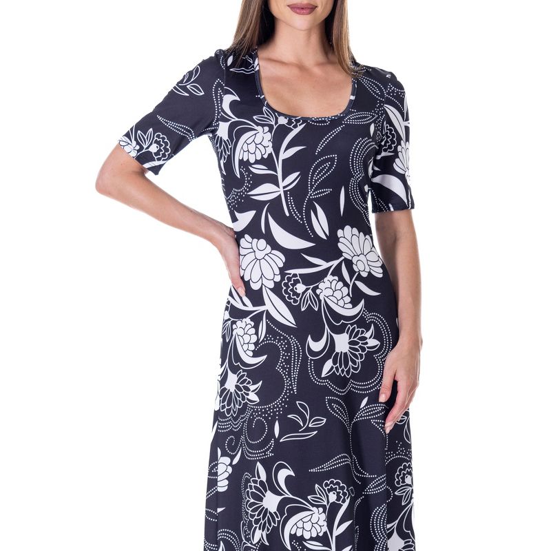 24seven Comfort Apparel Womens  Black and White Elbow Sleeve Casual A Line Maxi Dress, 5 of 9