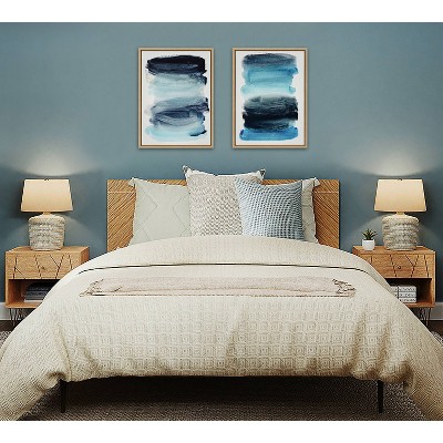 Set of 2 Blue Abstract Canvas Prints with Natural Wood Frame