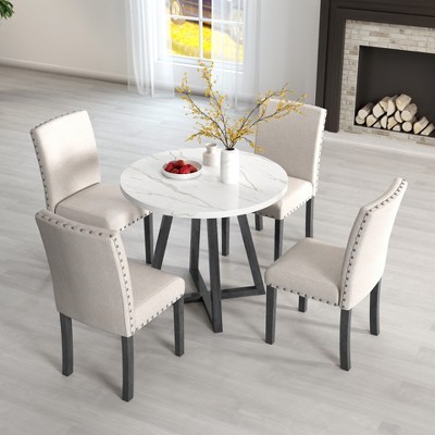 VYNXARIA 5PC dining room set with imitation marble table top, solid wood dining table and 4 chairs, space-saving kitchen,dining room