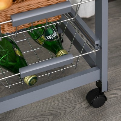 Gray Wooden Rolling Kitchen Cart with Storage Drawer and Baskets