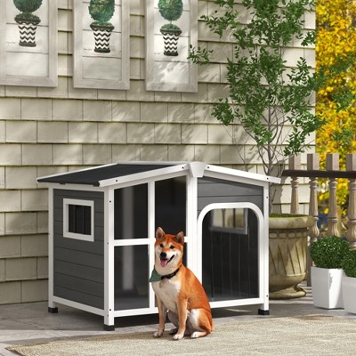 Large Storm Gray and White Wooden Dog House with Openable Roof