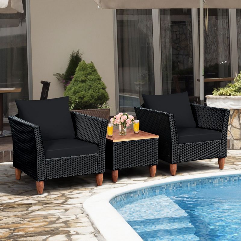 Costway 3 PCS Outdoor Patio Rattan Bistro Furniture Set Wooden Table Top Cushioned Sofa Black Brown, 2 of 11